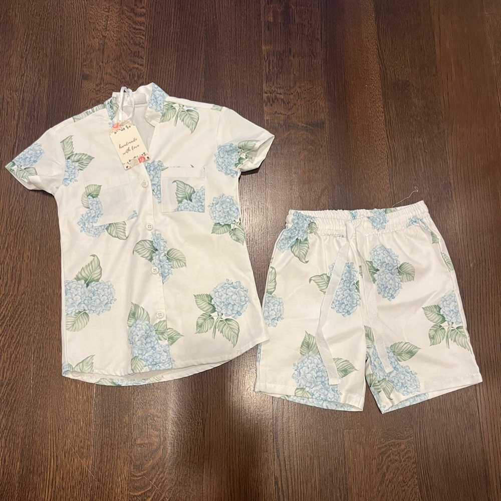 Floral Kids Pajama Set - Blue and White